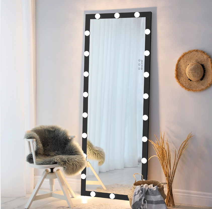 Hollywood Full Length Mirror with Lights Full Body Vanity Mirror with 3 Color Modes Lighted Standing Floor Mirror for Dressing Room Bedroom Wall Mounted Touch Control Black 63x24inch - Grand Goldman Shop