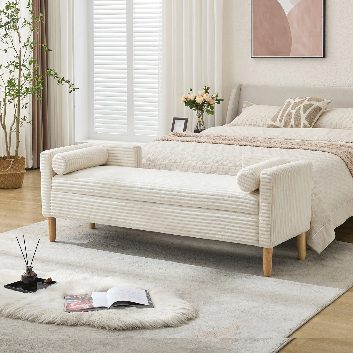 65.35'Wide Upholstered Flip-top Storage Accent Bed Bench, Corduroy Footrest Ottoman with Armrests&Backrest&2 Bolster Pillows Wood Legs for Living Room, End of Bed, Hallway, Entryway Bedroom. Ivory - Grand Goldman Shop