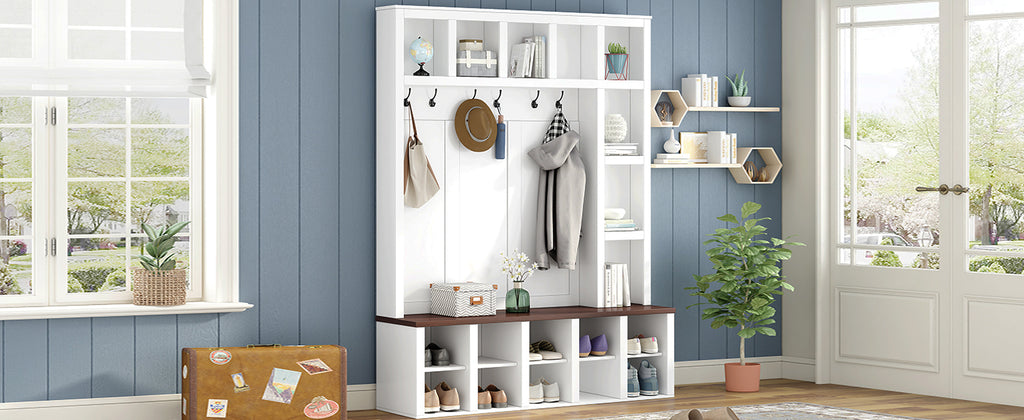 Farmhouse Wooden Hall Tree with 6 Hooks, Walnut Storage Bench with Adjustable Shelves, 4-in-1 Entryway Shoe Cabinet with Cubbies for Mudroom, Living Room, White, 76.7'H (OLD SKU: N721S000044K) - Grand Goldman Shop