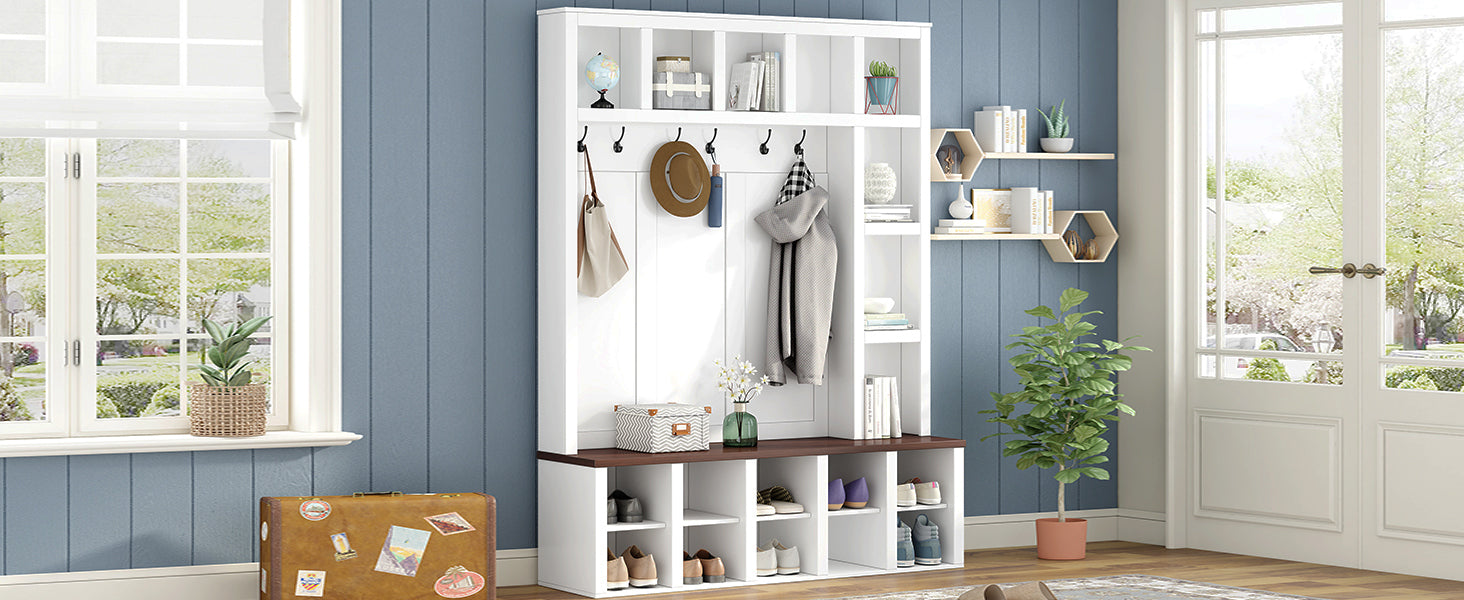 Farmhouse Wooden Hall Tree with 6 Hooks, Walnut Storage Bench with Adjustable Shelves, 4-in-1 Entryway Shoe Cabinet with Cubbies for Mudroom, Living Room, White, 76.7'H (OLD SKU: N721S000044K) - Grand Goldman Shop