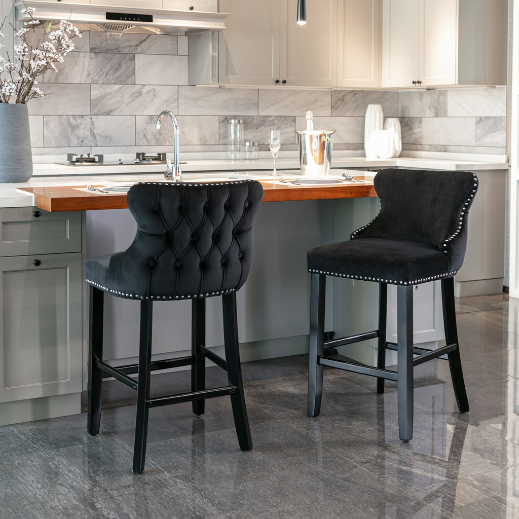 A&A Furniture,Contemporary Velvet Upholstered Wing-Back Barstools with Button Tufted Decoration and Wooden Legs, and Chrome Nailhead Trim, Leisure Style Bar Chairs,Bar stools,Set of 2 (Black),SW1824BK - Grand Goldman Shop