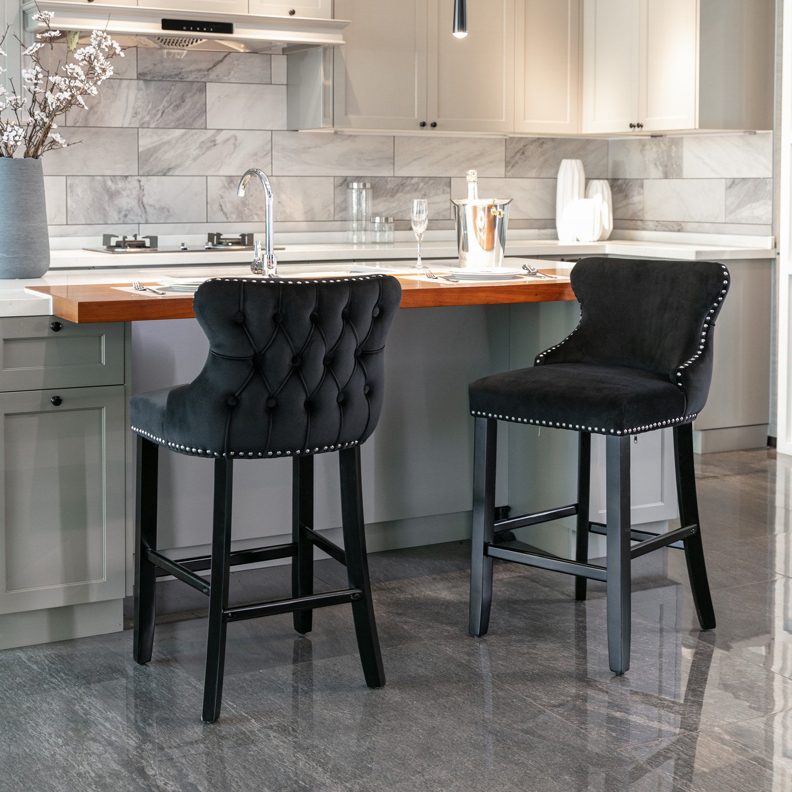 A&A Furniture,Contemporary Velvet Upholstered Wing-Back Barstools with Button Tufted Decoration and Wooden Legs, and Chrome Nailhead Trim, Leisure Style Bar Chairs,Bar stools,Set of 2 (Black),SW1824BK - Grand Goldman Shop