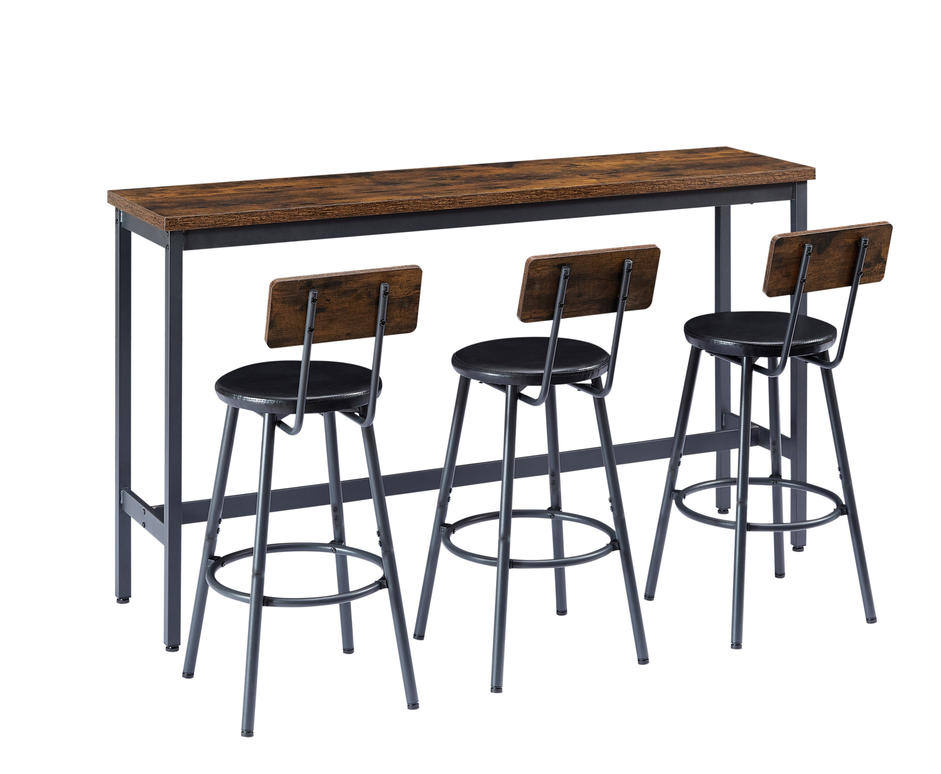 Long Bar Table Set with 3 PU Upholstered Bar Stools, Industrial Bar Table and Chairs for Kitchen Breakfast Table, Living Room, Banquet Hall, Rustic Brown and Black, 63″L x15.7'W x 37.5'H - Grand Goldman Shop