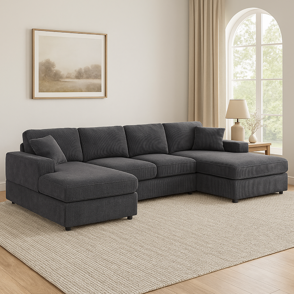 3-Piece Corduroy Double-Chaise Sectional Sofa - Gray - Grand Goldman Shop