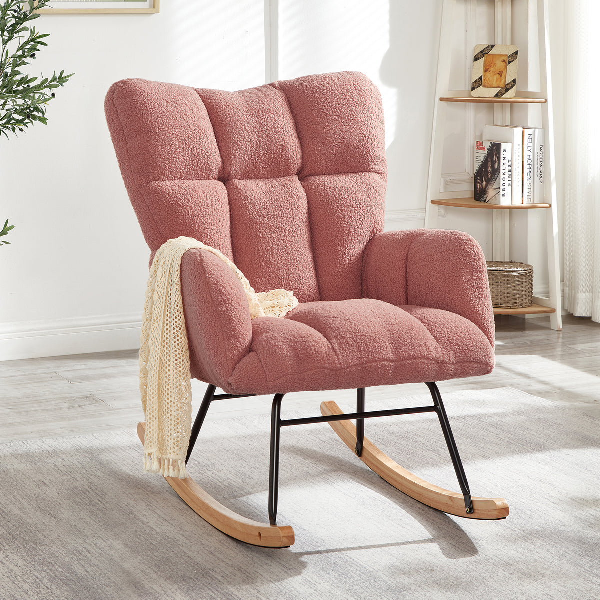 Glider Chair for Living Room Tufted Upholstered Teddy Fabric Rocking Chair with Metal Frame Accent Chair Pink - Grand Goldman Shop