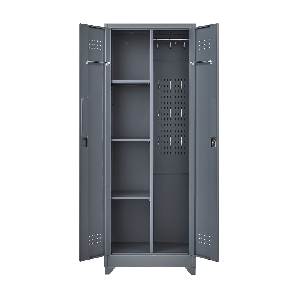 Grey Heavy Duty Metal Storage Cabinet with Locking Doors, Hanging Rod & Shelves, 65' H Broom Closet for Garage or Basement | 