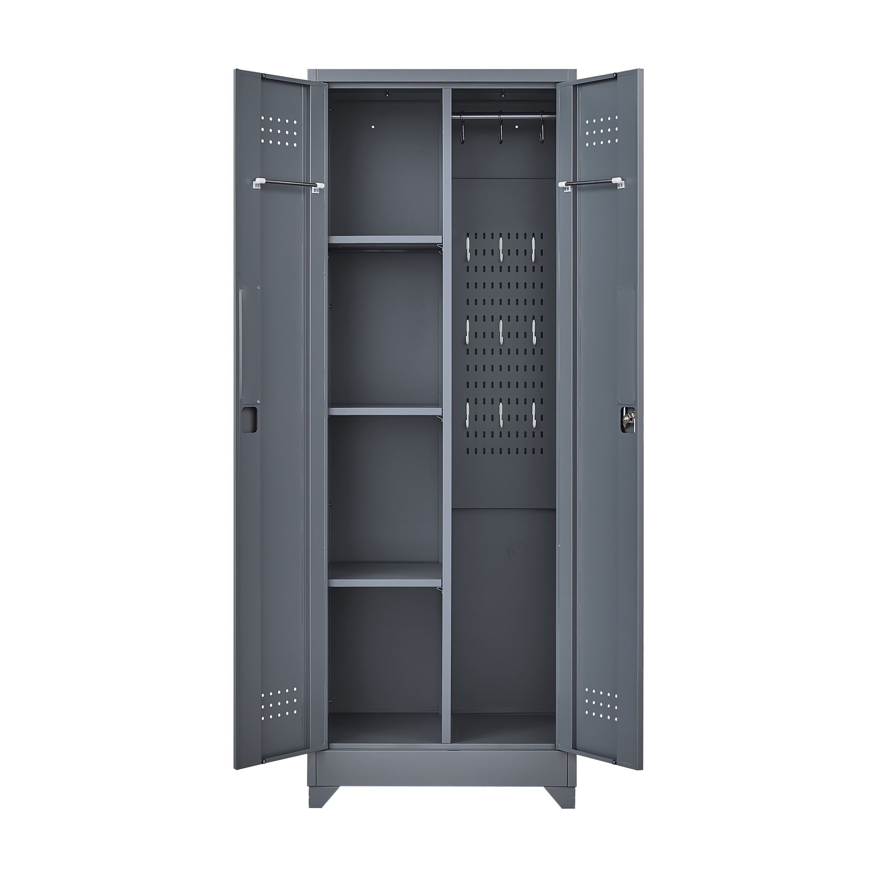 Grey Heavy Duty Metal Storage Cabinet with Locking Doors, Hanging Rod & Shelves, 65' H Broom Closet for Garage or Basement | 
