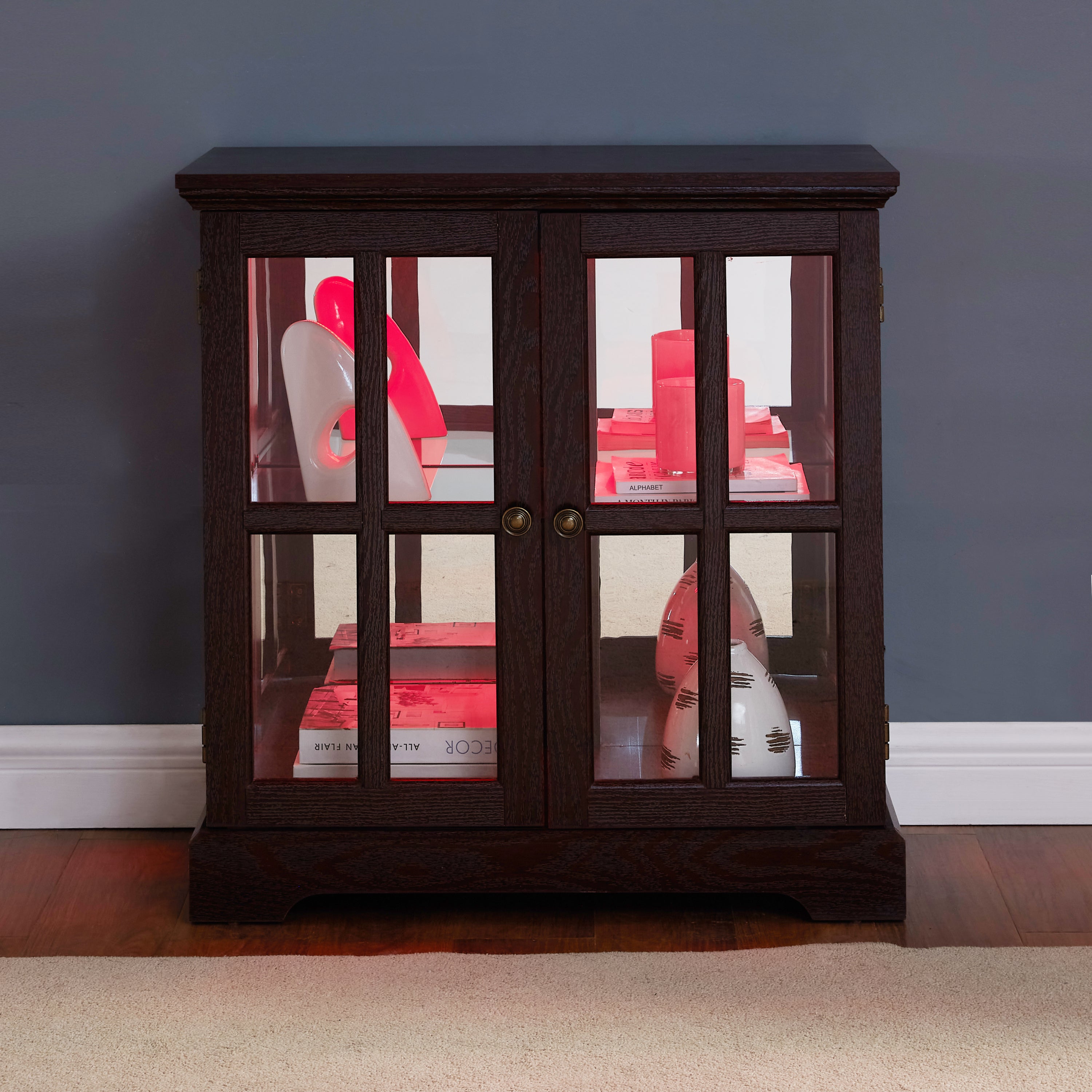 LED Curio Display Cabinet,Antique Display Cabinet with Adjustable Shelves,Retro Design Quality Showcase with Lattice Doors Elegant Bookcase and Storage Cabinet for Home Decor and Organization CHE - Grand Goldman Shop