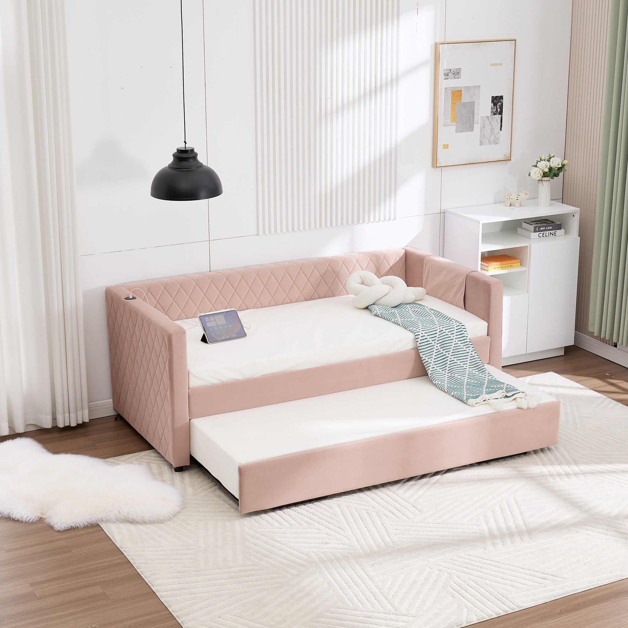 Pink velvet daybed, sturdy wooden bed frame, modern diamond grid pull-out design, perfect for bedroom, living room furniture - Grand Goldman Shop