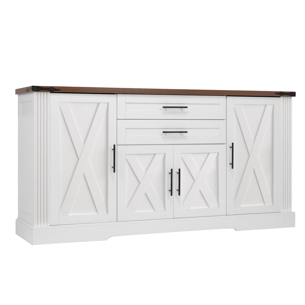White Farmhouse Barn Door Storage Cabinet with 2 Drawers & Door Rack, Adjustable Shelves, MDF Construction, 63.11' L x 15.75' W x 32.09' H - Grand Goldman Shop
