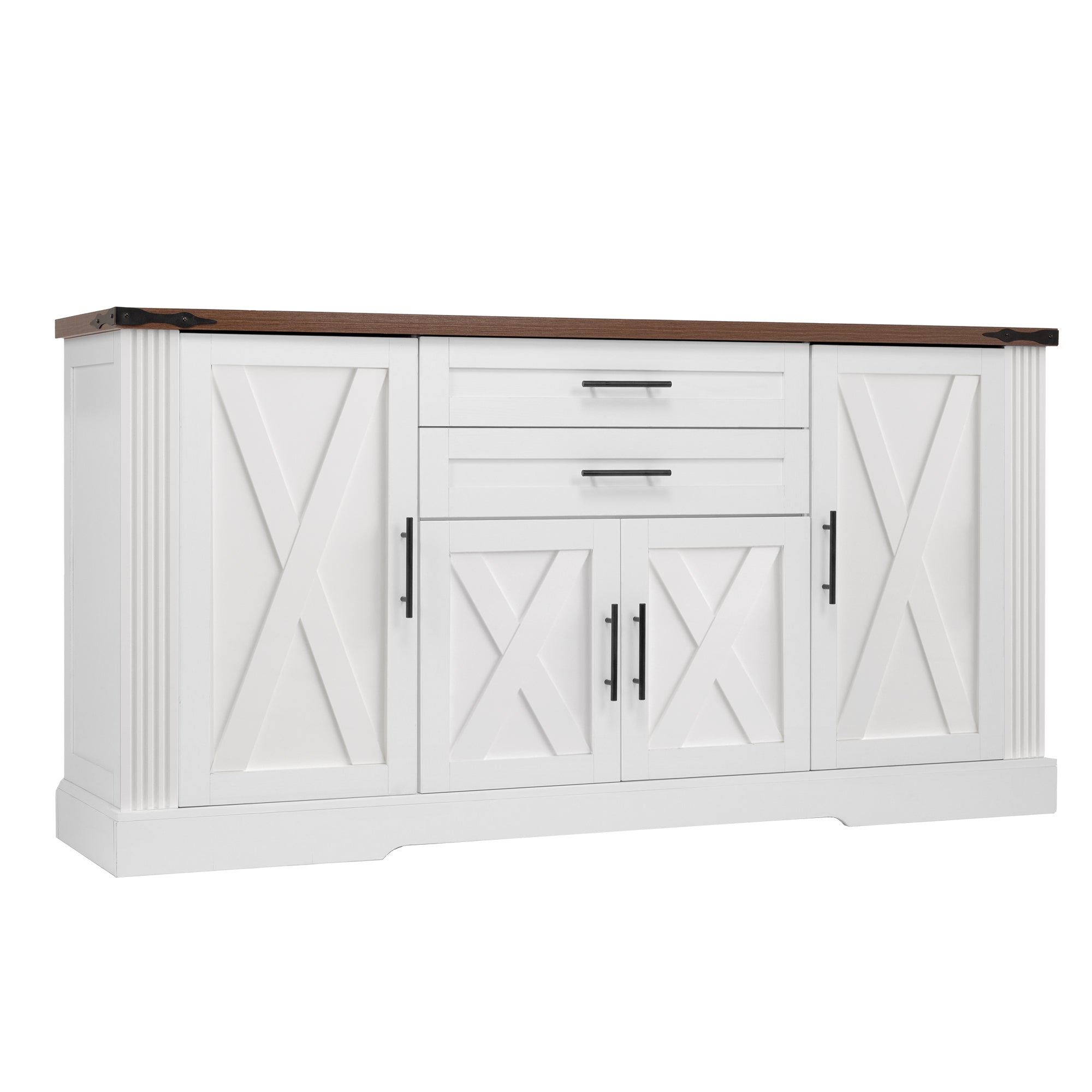 White Farmhouse Barn Door Storage Cabinet with 2 Drawers & Door Rack, Adjustable Shelves, MDF Construction, 63.11' L x 15.75' W x 32.09' H - Grand Goldman Shop