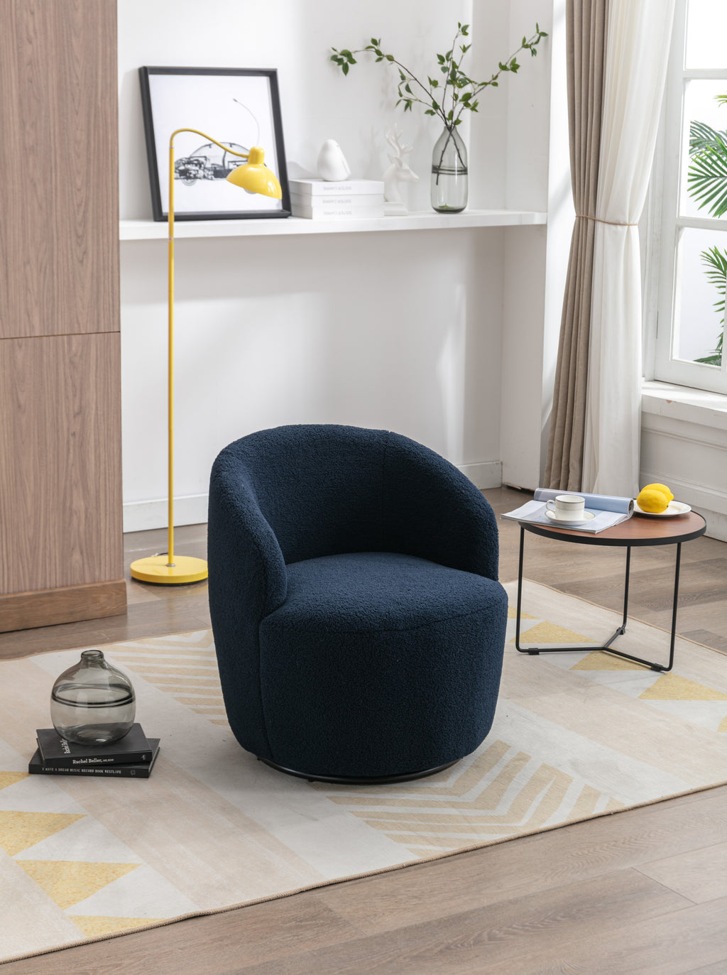 Teddy Fabric Swivel Accent Armchair Barrel Chair With Black Powder Coating Metal Ring,Dark Blue - Grand Goldman Shop