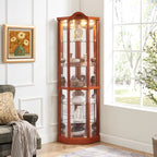 Glass Cabinet Lighted Corner Cabinet Corner Display Curio Cabinet, Glass Display With Light(Included)Bar Cabinet,Wine Cabinet with Adjustable Glass Shelves Carved Decoration OAK Light(Included) - Grand Goldman Shop