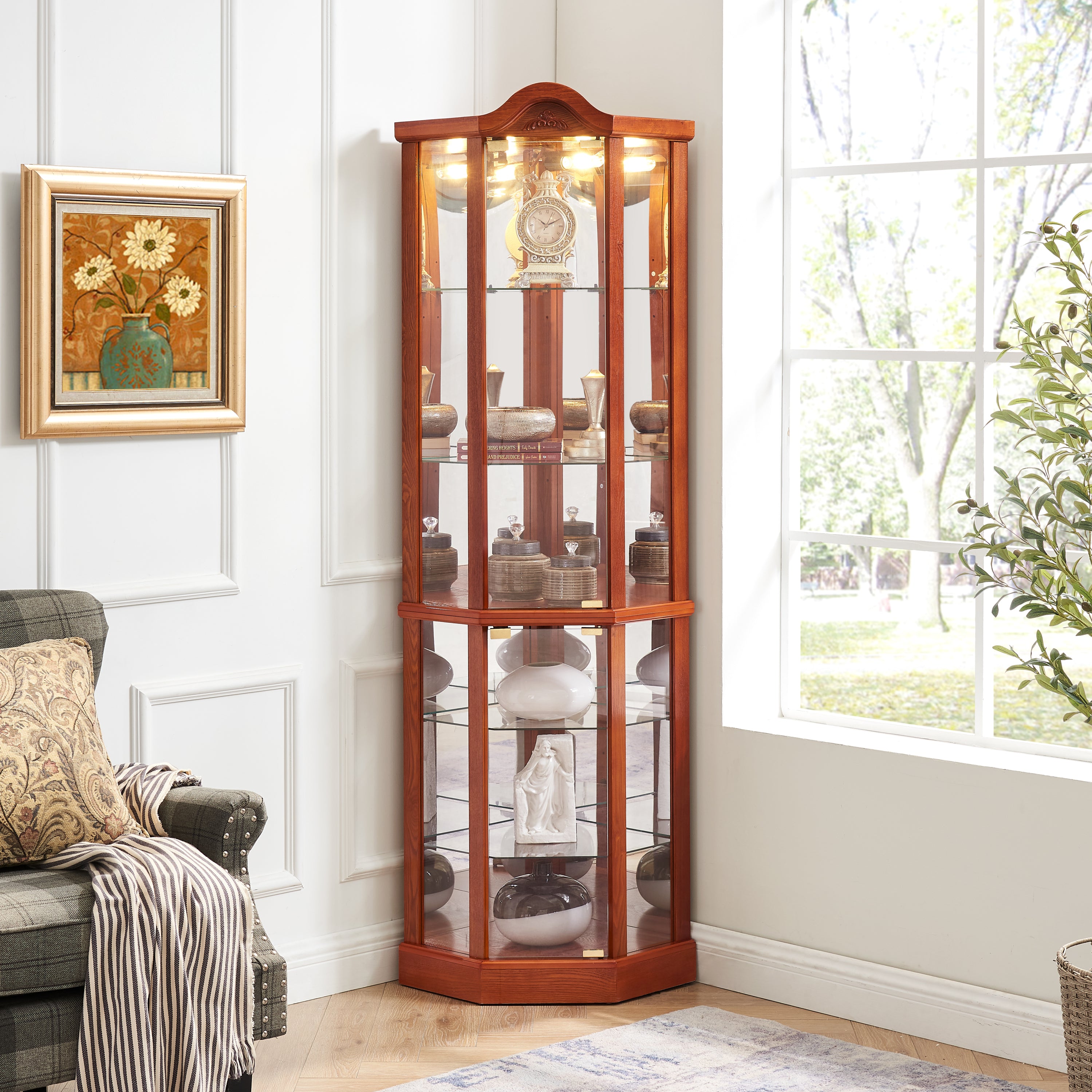 Glass Cabinet Lighted Corner Cabinet Corner Display Curio Cabinet, Glass Display With Light(Included)Bar Cabinet,Wine Cabinet with Adjustable Glass Shelves Carved Decoration OAK Light(Included) - Grand Goldman Shop