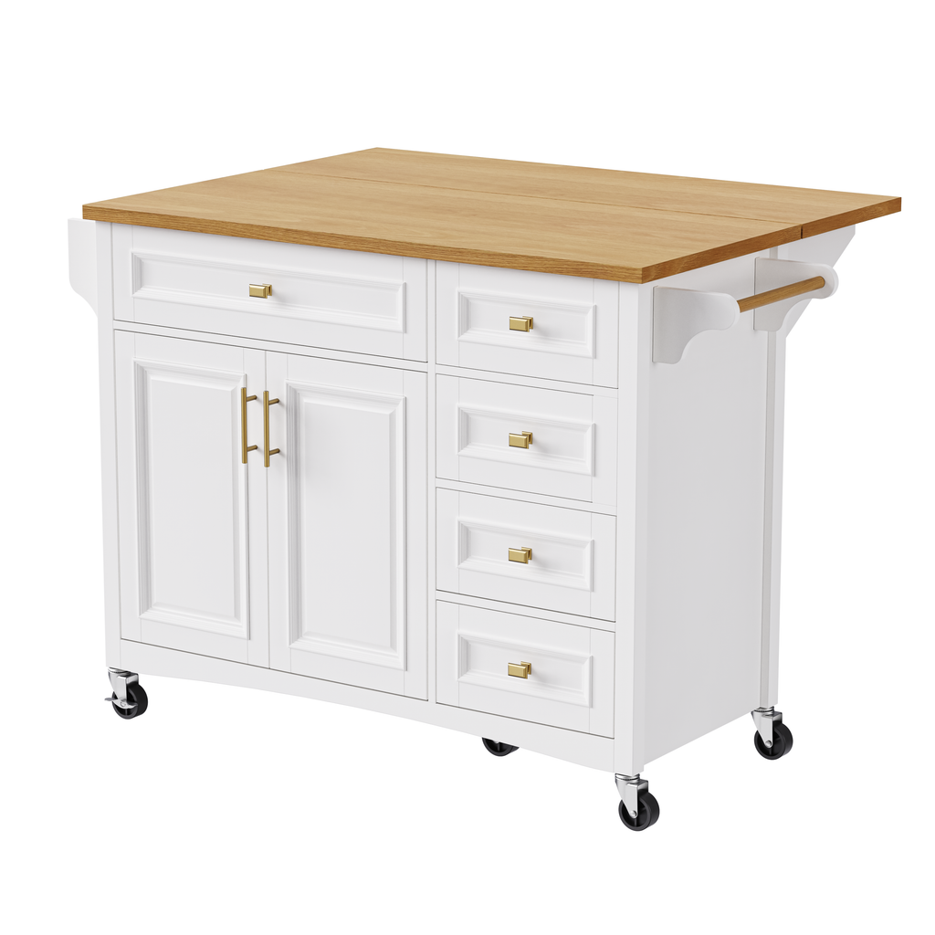 K&K 52'' Kitchen Island with Drop Leaf, Embossed Texture Kitchen Island on Wheels with Spice Rack, Towel Rack, 2 Doors and 5 Drawers, Kitchen Storage Cart with Adjustable Shelf for Kitchen, White - Grand Goldman Shop