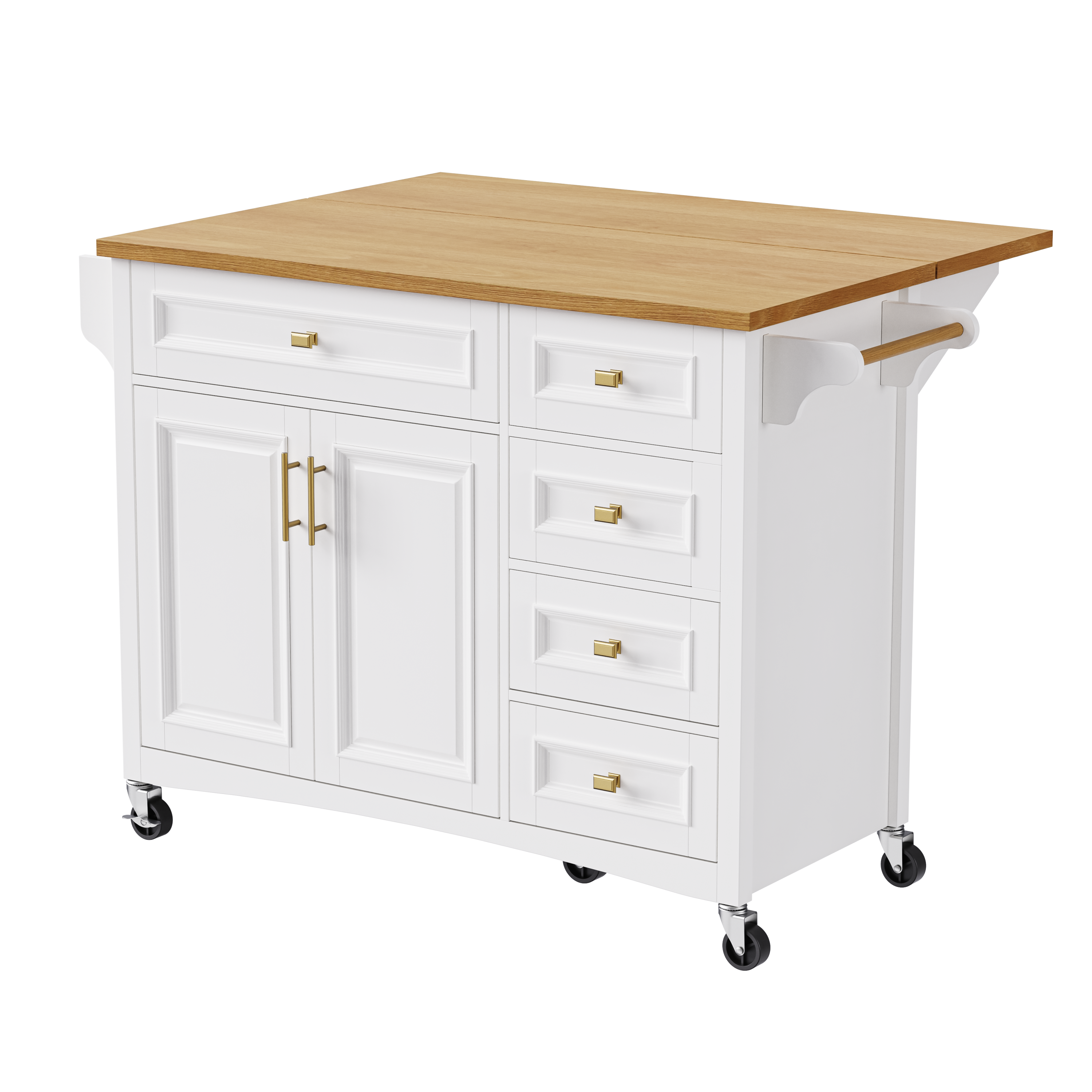K&K 52'' Kitchen Island with Drop Leaf, Embossed Texture Kitchen Island on Wheels with Spice Rack, Towel Rack, 2 Doors and 5 Drawers, Kitchen Storage Cart with Adjustable Shelf for Kitchen, White - Grand Goldman Shop