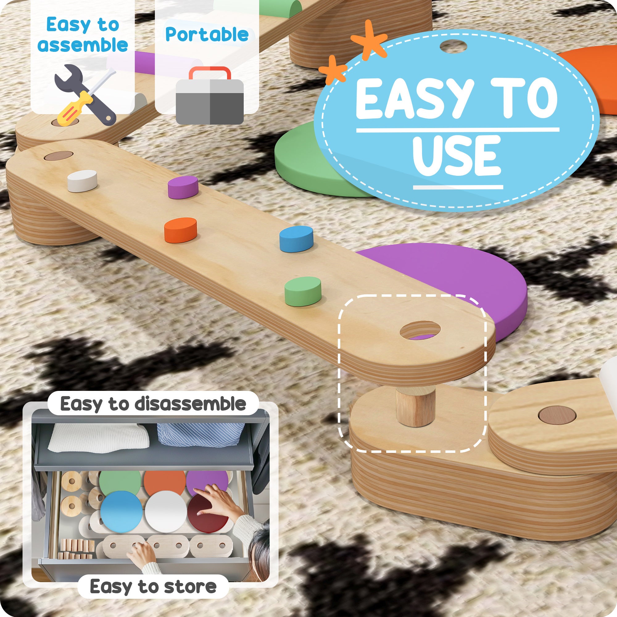 Qaba Kids Balance Beam, Wooden Balance Board with Stepping Stones, Gymnastics Obstacle Course for Toddlers 3-8 Years for Moto