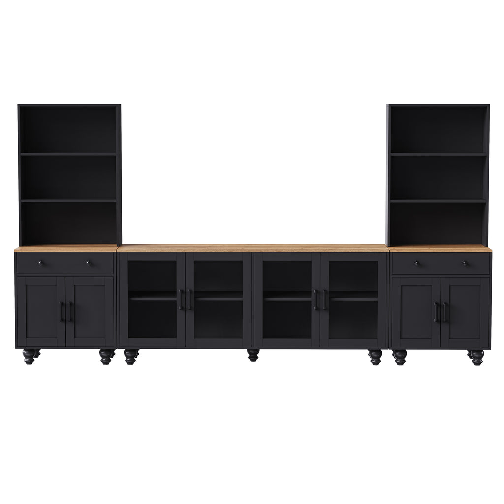 Farmhouse TV Stand with Solid Wood Gourd-Shaped Legs for TVs Up to 70', Entertainment Center with Bookshelves & Tempered Glass Doors, Media Console with Adjustable Shelves, Living Room, Black - Grand Goldman Shop