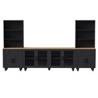Farmhouse TV Stand with Solid Wood Gourd-Shaped Legs for TVs Up to 70', Entertainment Center with Bookshelves & Tempered Glass Doors, Media Console with Adjustable Shelves, Living Room, Black - Grand Goldman Shop