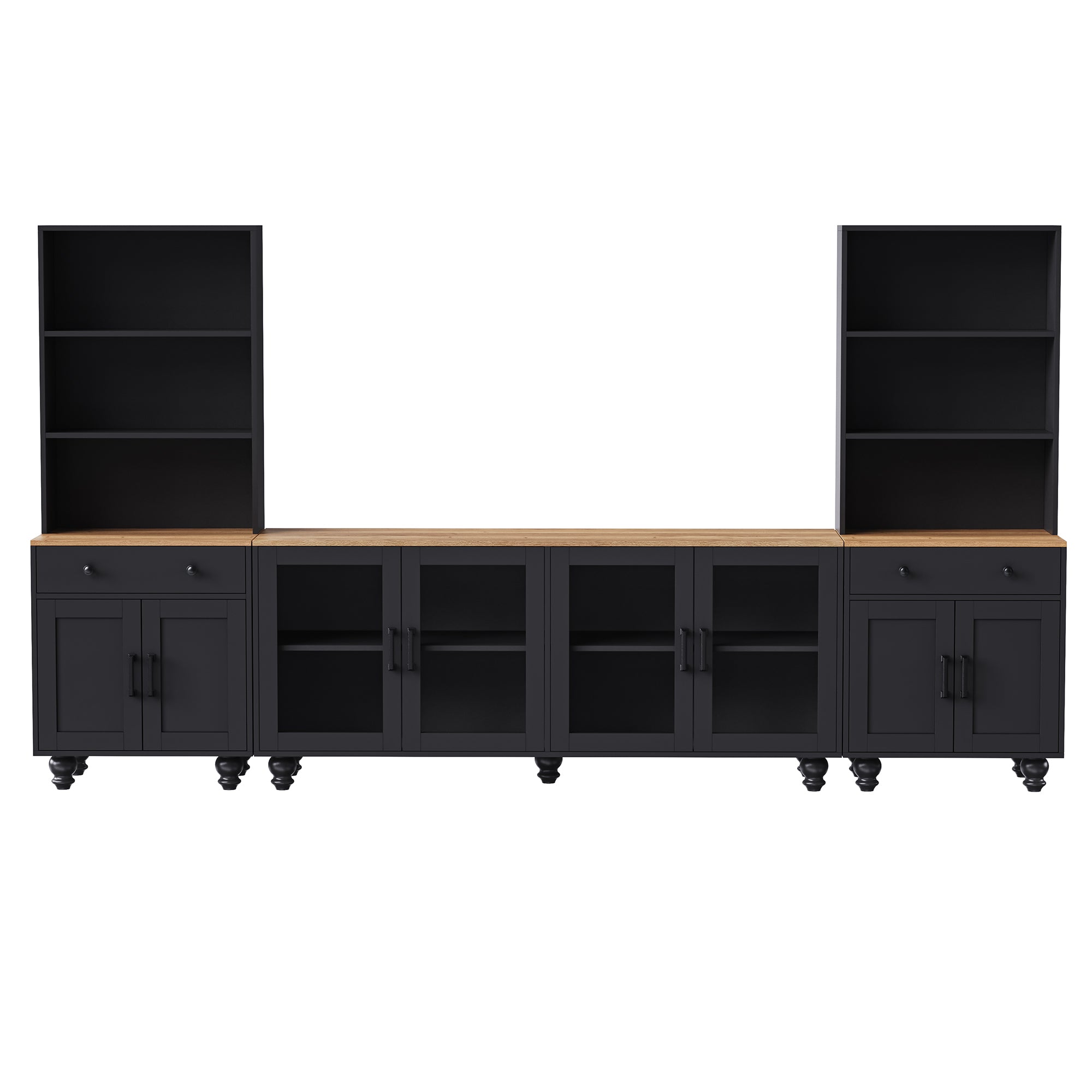 Farmhouse TV Stand with Solid Wood Gourd-Shaped Legs for TVs Up to 70', Entertainment Center with Bookshelves & Tempered Glass Doors, Media Console with Adjustable Shelves, Living Room, Black - Grand Goldman Shop