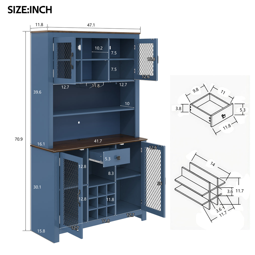 70.9' Kitchen Pantry Storage Cabinet Rustic Buffet Cabinet, Kitchen Hutch Cabinet with LED Outlets Food Pantry Cabinet with Doors and Shelves Wine Rack for Dining Room, Navy Blue - Grand Goldman Shop