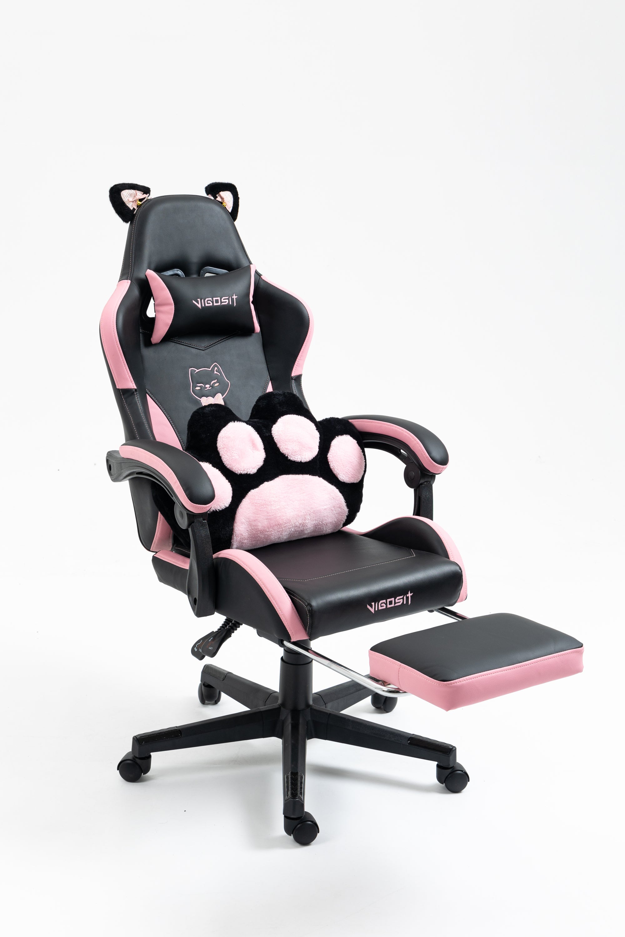 Cute Cat Gaming Chair with Paw Lumbar Cushion, PC Video Gamer Chair for Girl Teen Woman (Black) | Premium Home Decor - Grand 