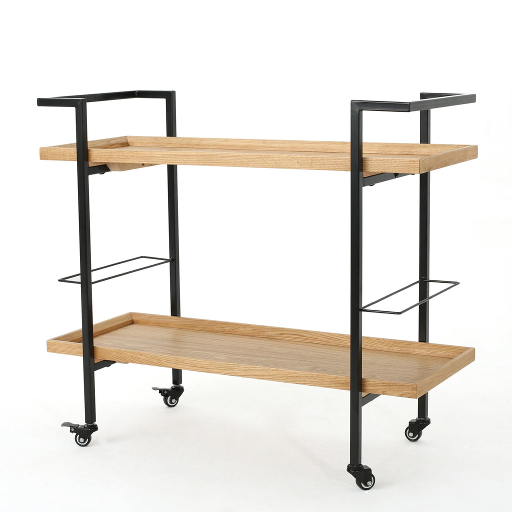 Modern Industrial Bar Cart with Shelving and Casters in Natural Wood and Metal, 38 x 16.1 x 33 inches - Grand Goldman Shop