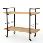Modern Industrial Bar Cart with Shelving and Casters in Natural Wood and Metal, 38 x 16.1 x 33 inches - Grand Goldman Shop