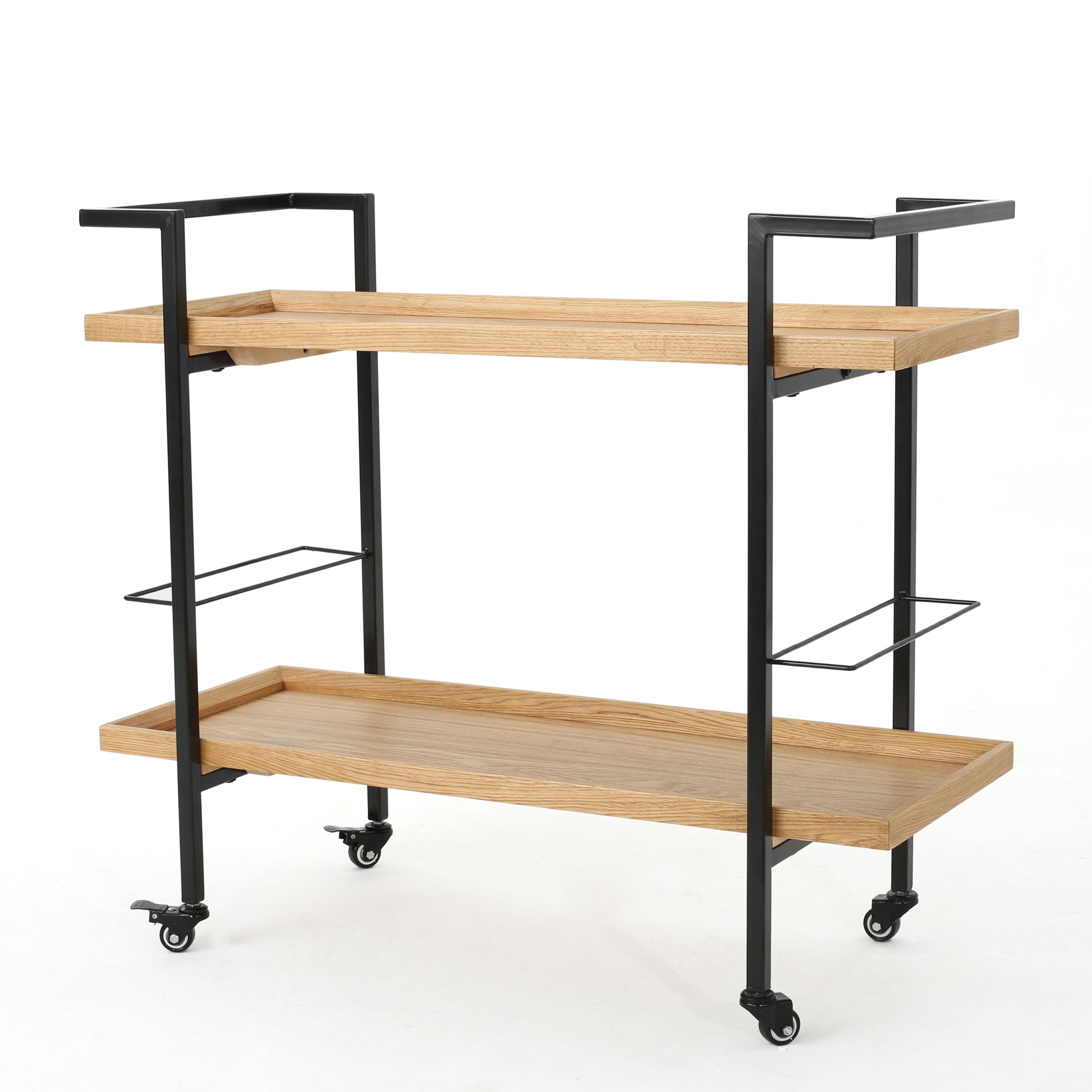 Modern Industrial Bar Cart with Shelving and Casters in Natural Wood and Metal, 38 x 16.1 x 33 inches - Grand Goldman Shop