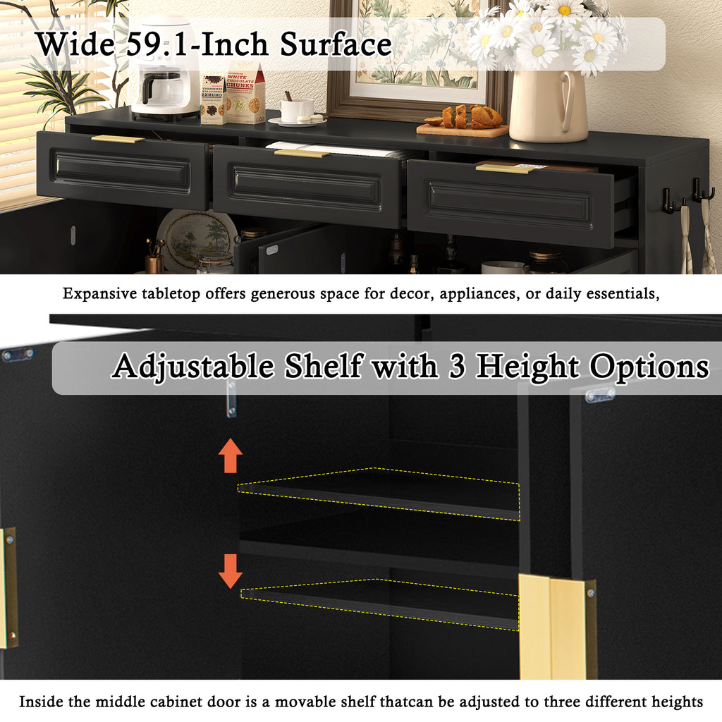 U-Style Farmhouse Sideboard with 3 Drawers & 4 Doors,59.1' Multi-Functional Storage Buffet with Adjustable Shelf and Open Storage Compartments, Suitable for Dining Room, Living Room, Entryway. - Grand Goldman Shop