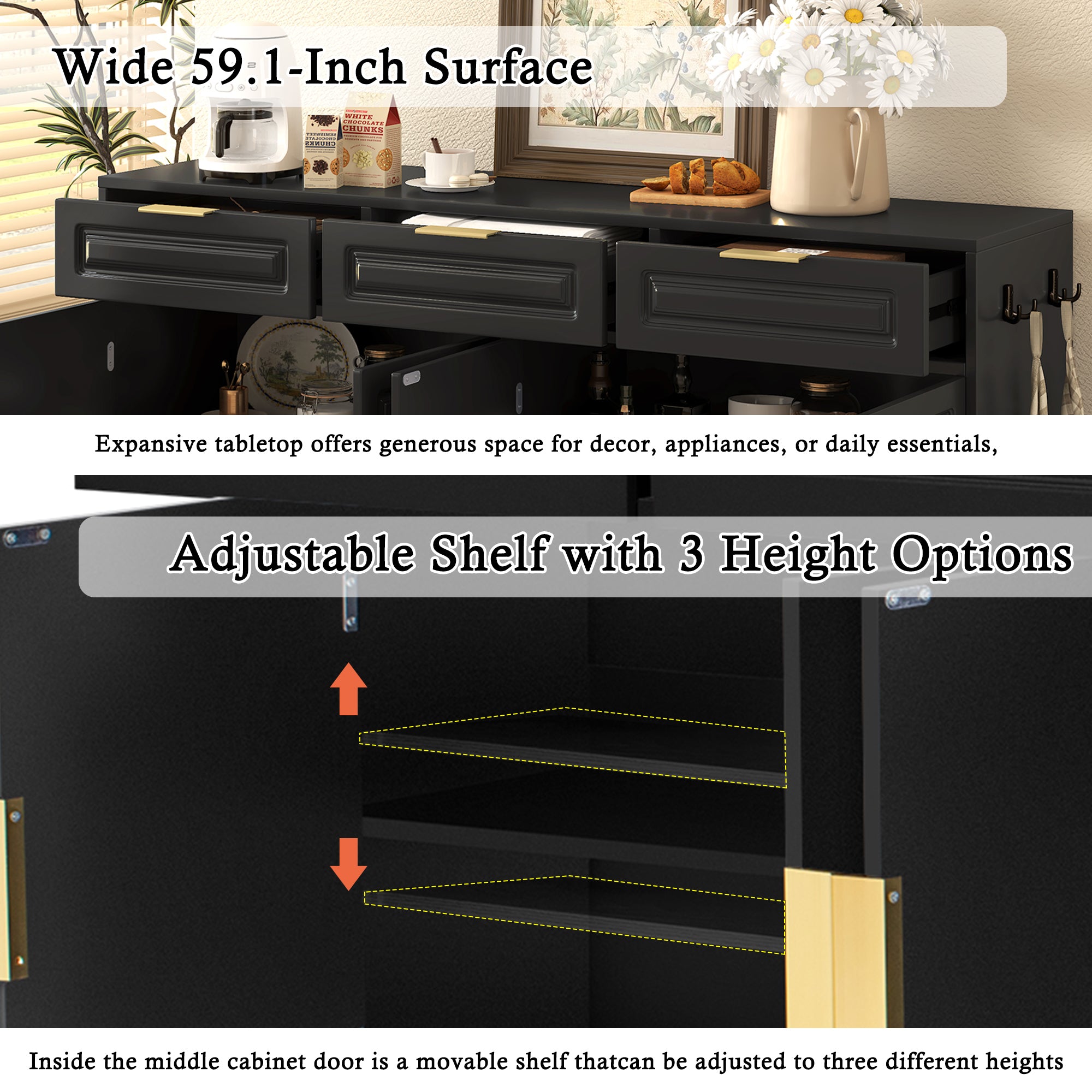 U-Style Farmhouse Sideboard with 3 Drawers & 4 Doors,59.1' Multi-Functional Storage Buffet with Adjustable Shelf and Open Storage Compartments, Suitable for Dining Room, Living Room, Entryway. - Grand Goldman Shop