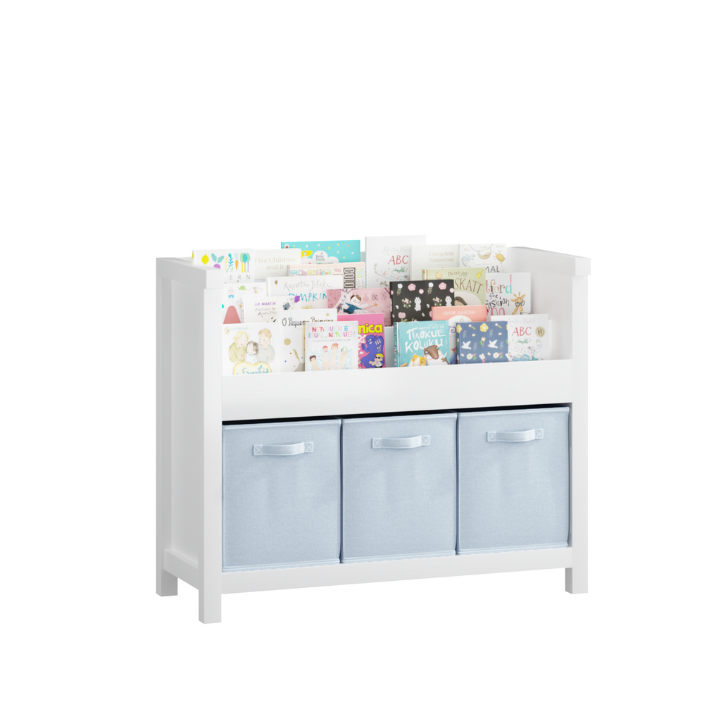 Kids Bookshelf with 3 Tier Front-Facing Storage and 3 Fabric Bins, Wooden Toddler Bookcase for Playroom, Nursery, Bedroom – K