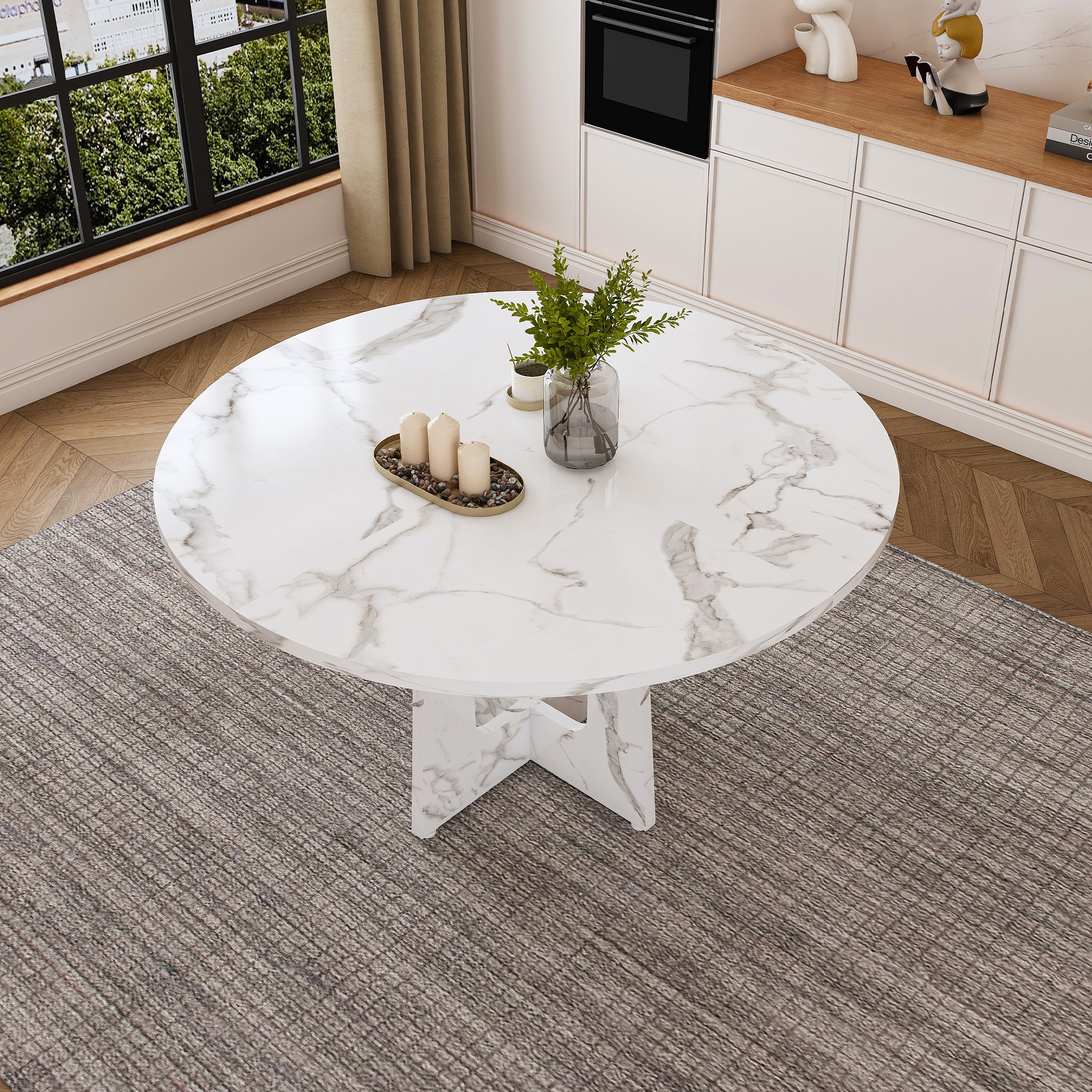 Modern Farmhouse 47.24' Round Dining Table for 4 with Marble White Finish MDF and Iron - Grand Goldman Shop