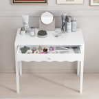 White 35.43' Vanity Desk with Drawer – Modern Makeup Table with Scalloped Front & Gold Knob, Compact Writing Desk with 4 Sturdy Legs for Bedroom, Small Home Office & Apartment Spaces - Grand Goldman Shop