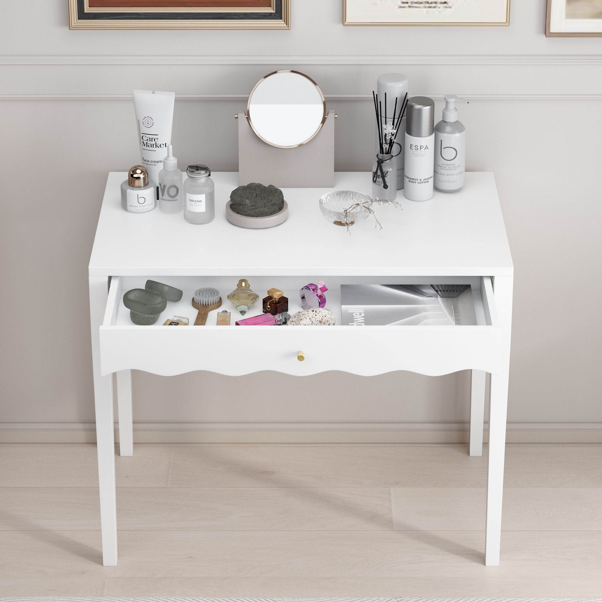 White 35.43' Vanity Desk with Drawer – Modern Makeup Table with Scalloped Front & Gold Knob, Compact Writing Desk with 4 Sturdy Legs for Bedroom, Small Home Office & Apartment Spaces - Grand Goldman Shop