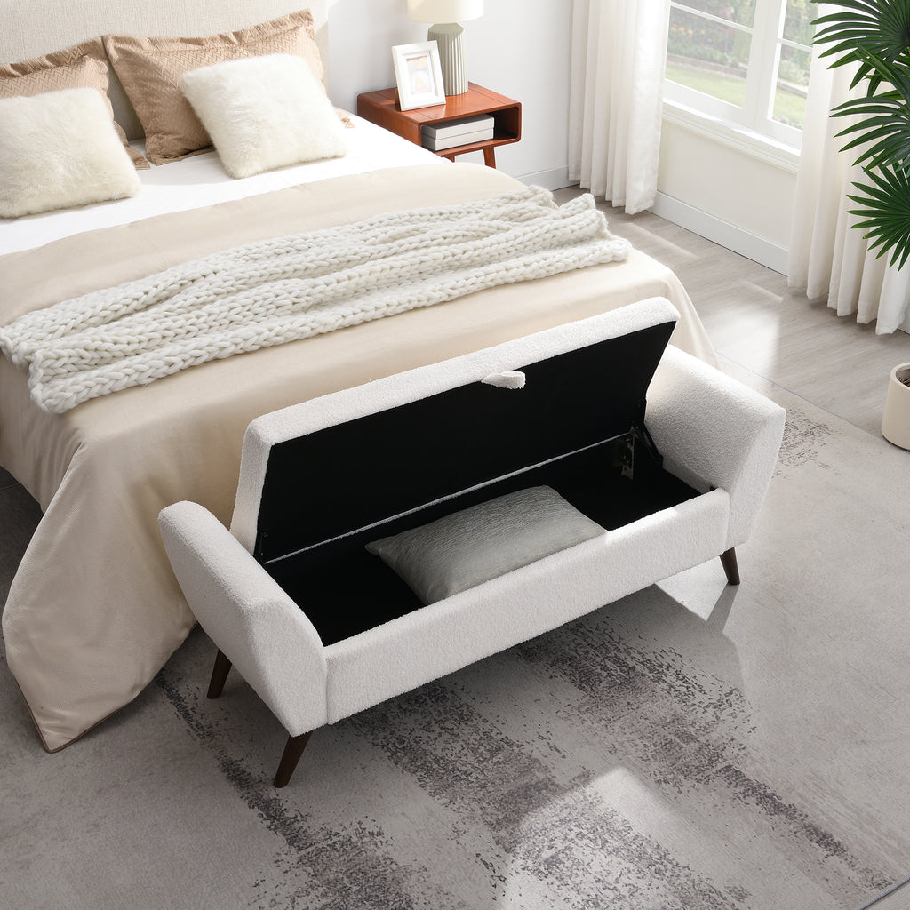 60'' Modern Storage Bench with Rubberwood  Legs, Cream Teddy Fabric, Padded Seat for Living Room & Bedroom - Grand Goldman Shop