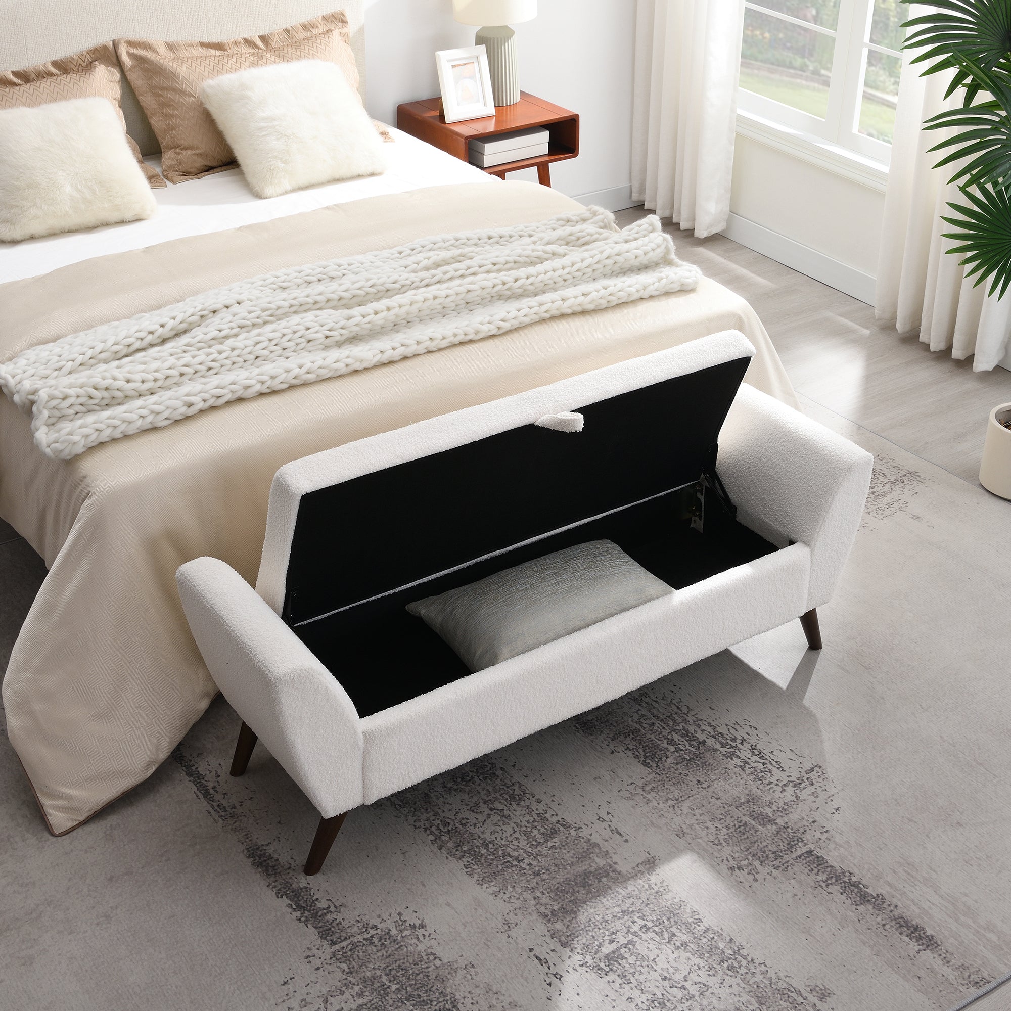 60'' Modern Storage Bench with Rubberwood  Legs, Cream Teddy Fabric, Padded Seat for Living Room & Bedroom - Grand Goldman Shop