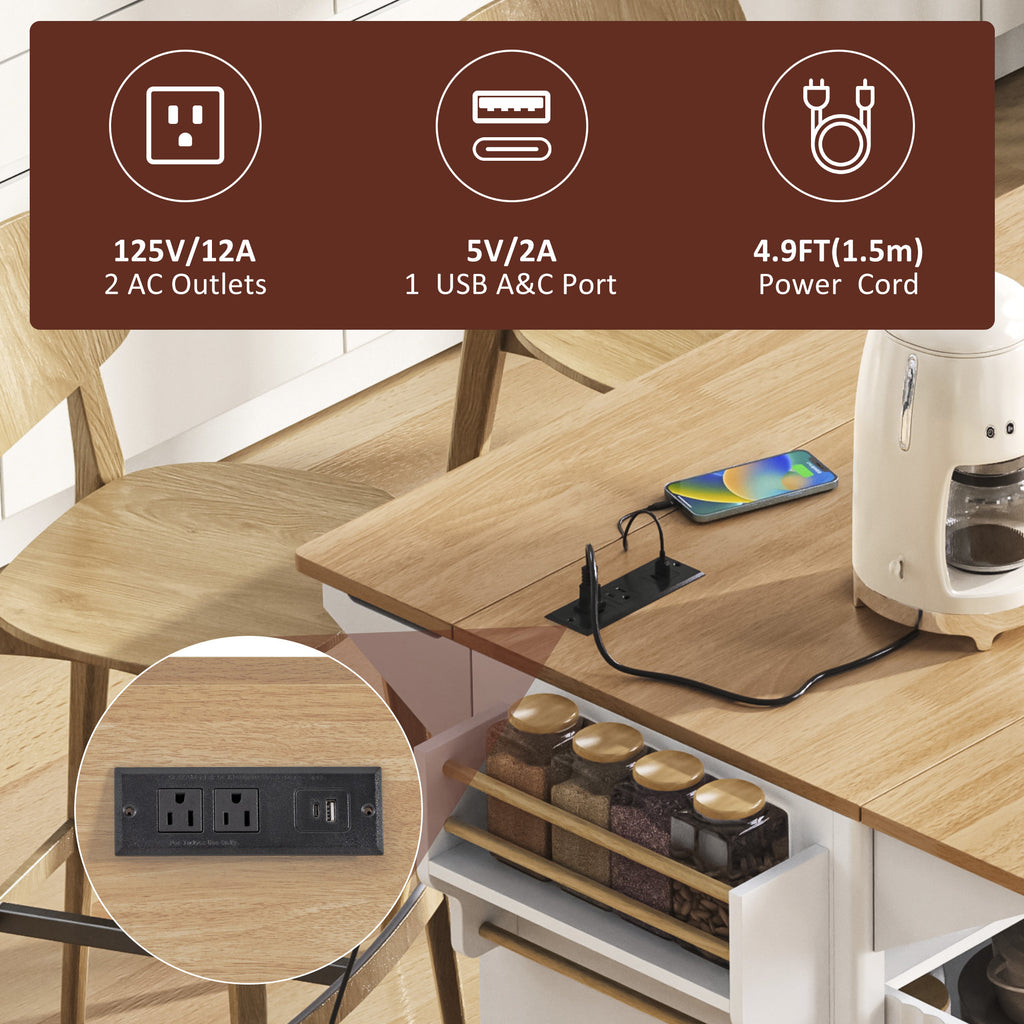 K&K 55.5' Fluted Kitchen Island with 2 Drop Leaf, Kitchen Storage Cart with Power Outlet, 4 Doors, Spice rack, Rolling Island Table with Wood-grain Top, Curved Edge for Kitchen, Dining Room,White - Grand Goldman Shop