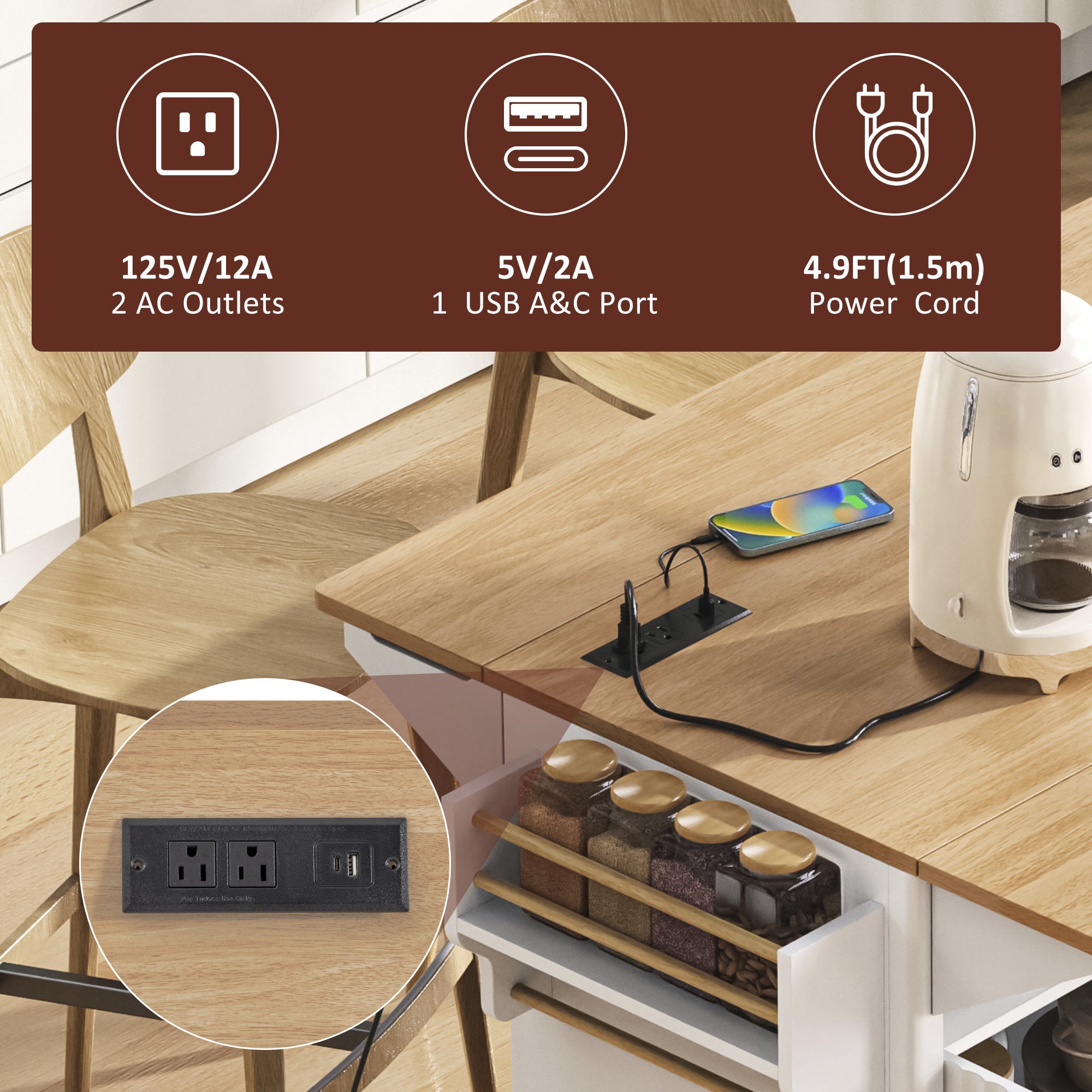 K&K 55.5' Fluted Kitchen Island with 2 Drop Leaf, Kitchen Storage Cart with Power Outlet, 4 Doors, Spice rack, Rolling Island Table with Wood-grain Top, Curved Edge for Kitchen, Dining Room,White - Grand Goldman Shop