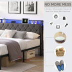 Full Bed Frame with  Storage Headboard, Charging Station and LED Lights, Upholstered Platform Bed with Heavy Metal Slats, No Box Spring Needed, Noise Free, Easy Assembly, Dark Gray - Grand Goldman Shop