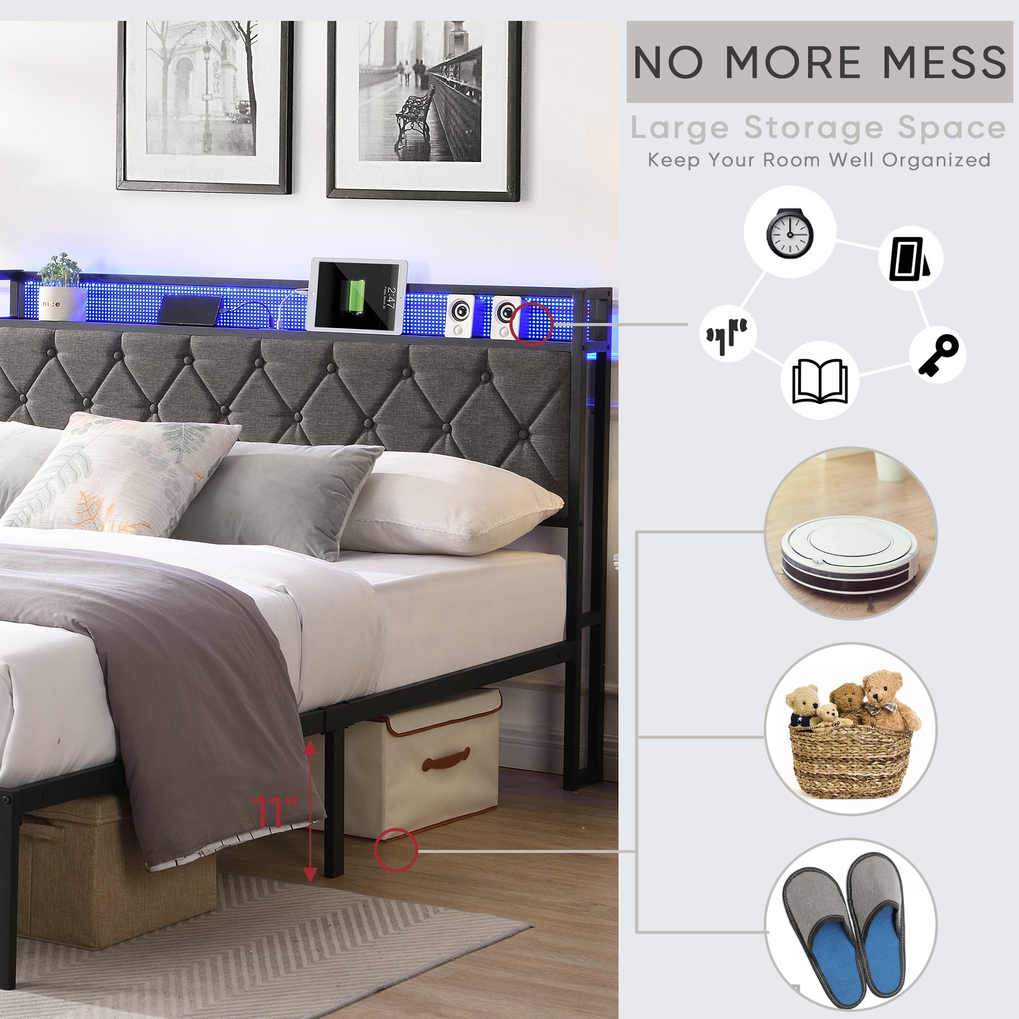 Full Bed Frame with  Storage Headboard, Charging Station and LED Lights, Upholstered Platform Bed with Heavy Metal Slats, No Box Spring Needed, Noise Free, Easy Assembly, Dark Gray - Grand Goldman Shop