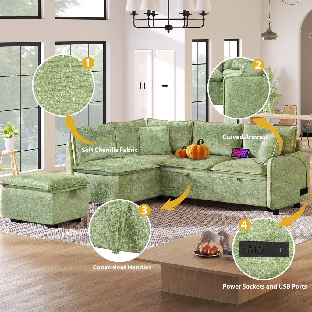 Convertible Sofa Bed Sectional Sofa Sleeper with Storage Ottoman, Green Chenille, 82.67 inches - Grand Goldman Shop
