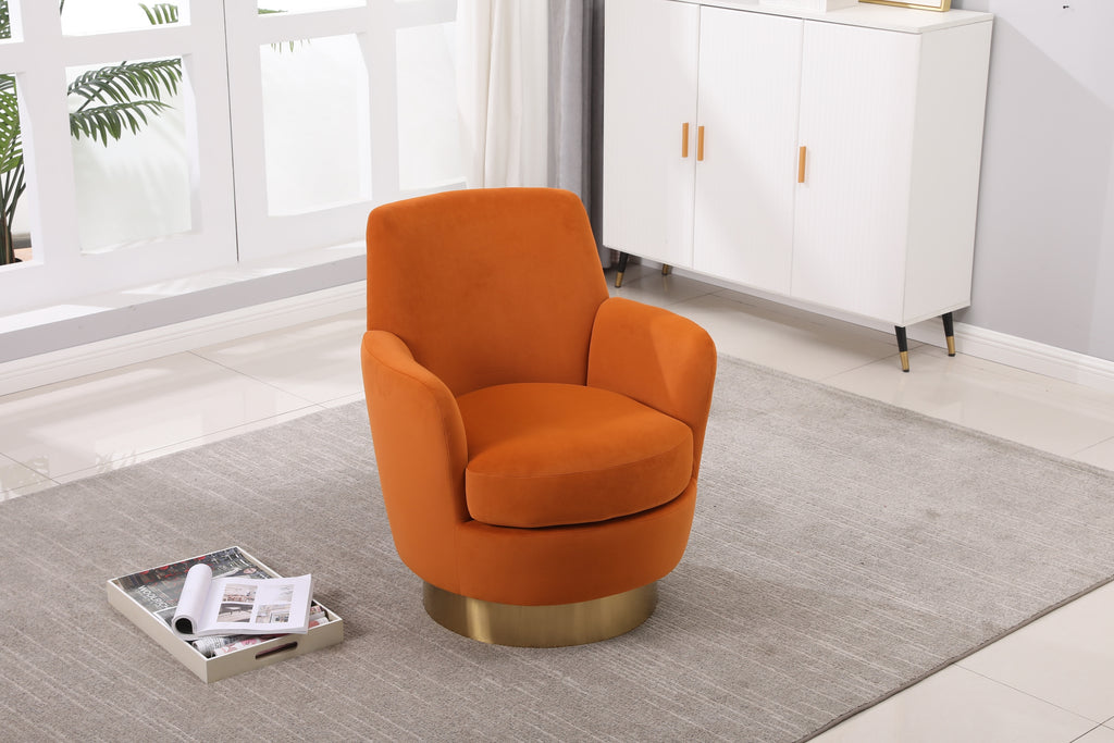 Velvet Swivel Barrel Chair, Swivel Accent Chairs Armchair for Living Room, Reading Chairs for Bedroom Comfy, Round Barrel Chairs with Gold Stainless Steel Base (Orange) - Grand Goldman Shop