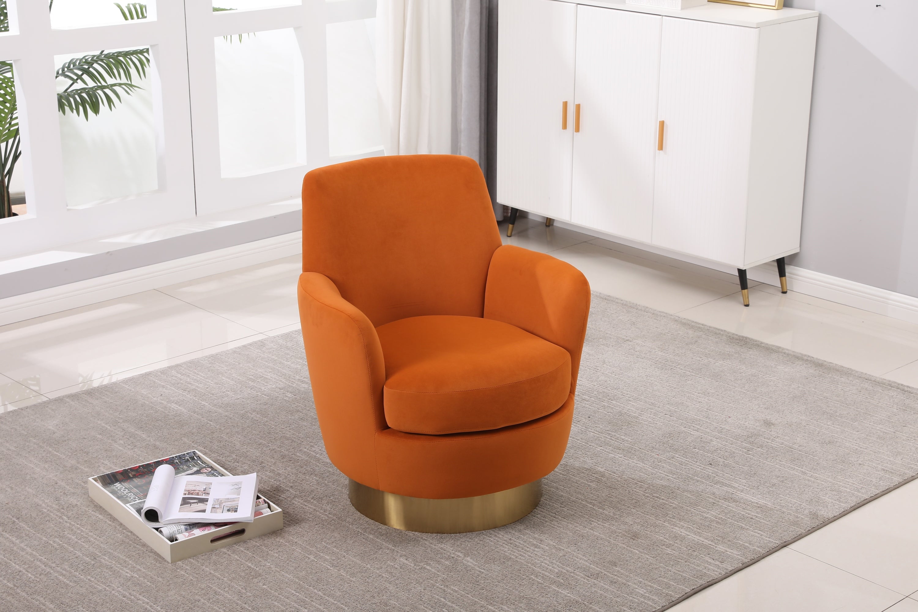 Velvet Swivel Barrel Chair, Swivel Accent Chairs Armchair for Living Room, Reading Chairs for Bedroom Comfy, Round Barrel Chairs with Gold Stainless Steel Base (Orange) - Grand Goldman Shop