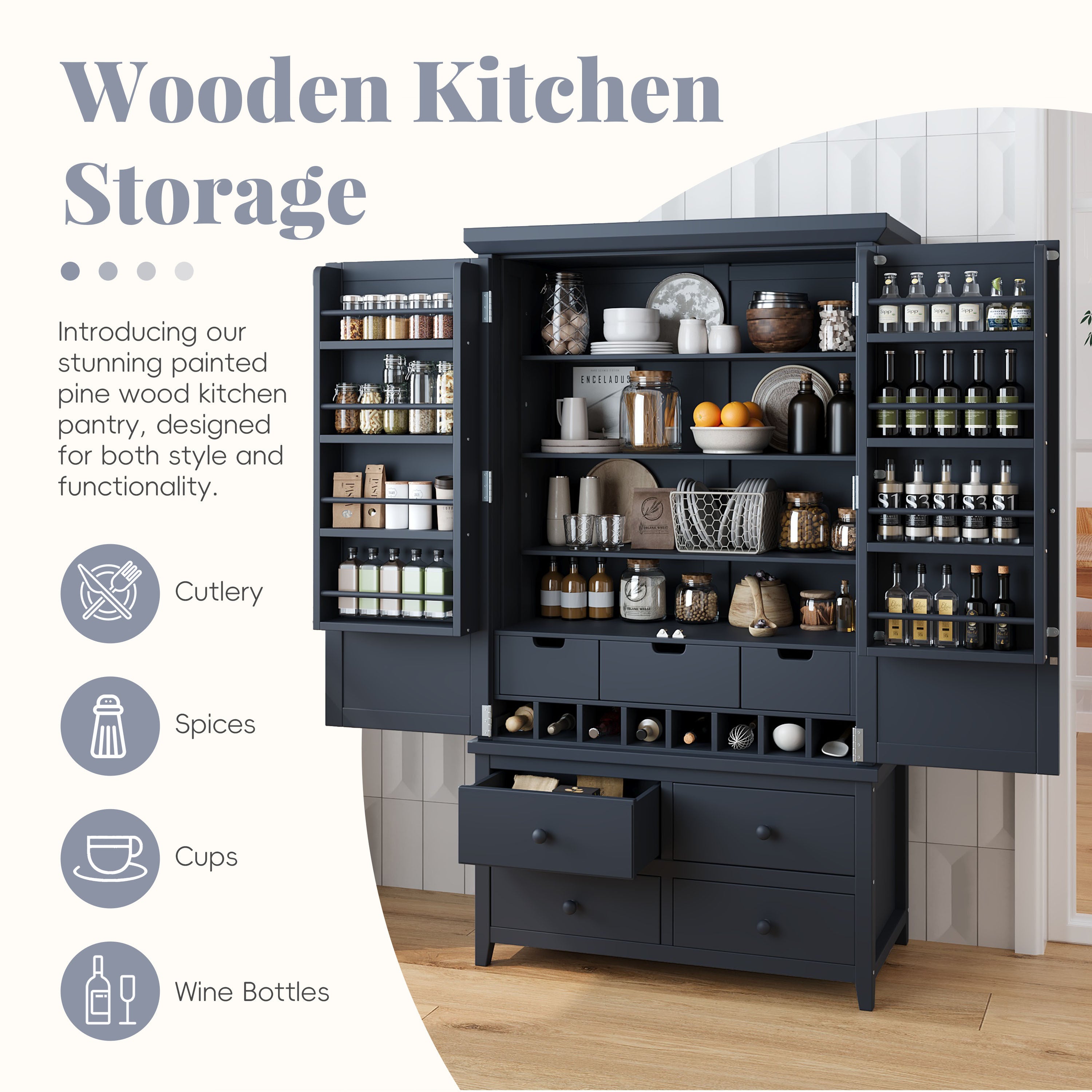 [Assembly&Show Video Available] TOPMAX Freestanding Large Kitchen Pantry Wooden Kitchen Storage Cabinet Cupboard with 8 Door Shelves,3 Adjustable Shelves,7 Drawers& 8 Wine Racks, Gray - Grand Goldman Shop