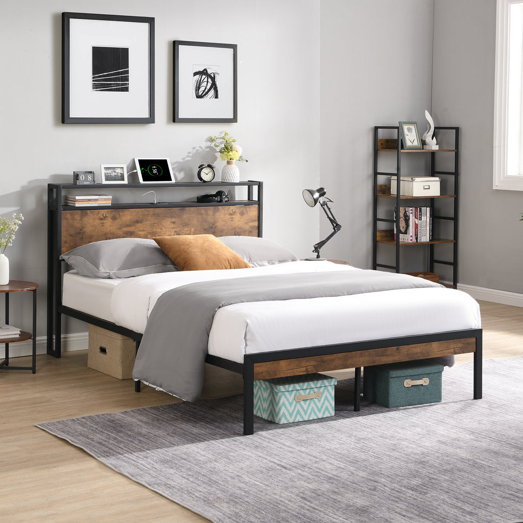 Modern Metal Platform Bed Frame with Wooden Headboard and Footboard, USB Liner, Queen Size, Black and Brown - Grand Goldman Shop