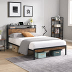 Modern Metal Platform Bed Frame with Wooden Headboard and Footboard, USB Liner, Queen Size, Black and Brown - Grand Goldman Shop