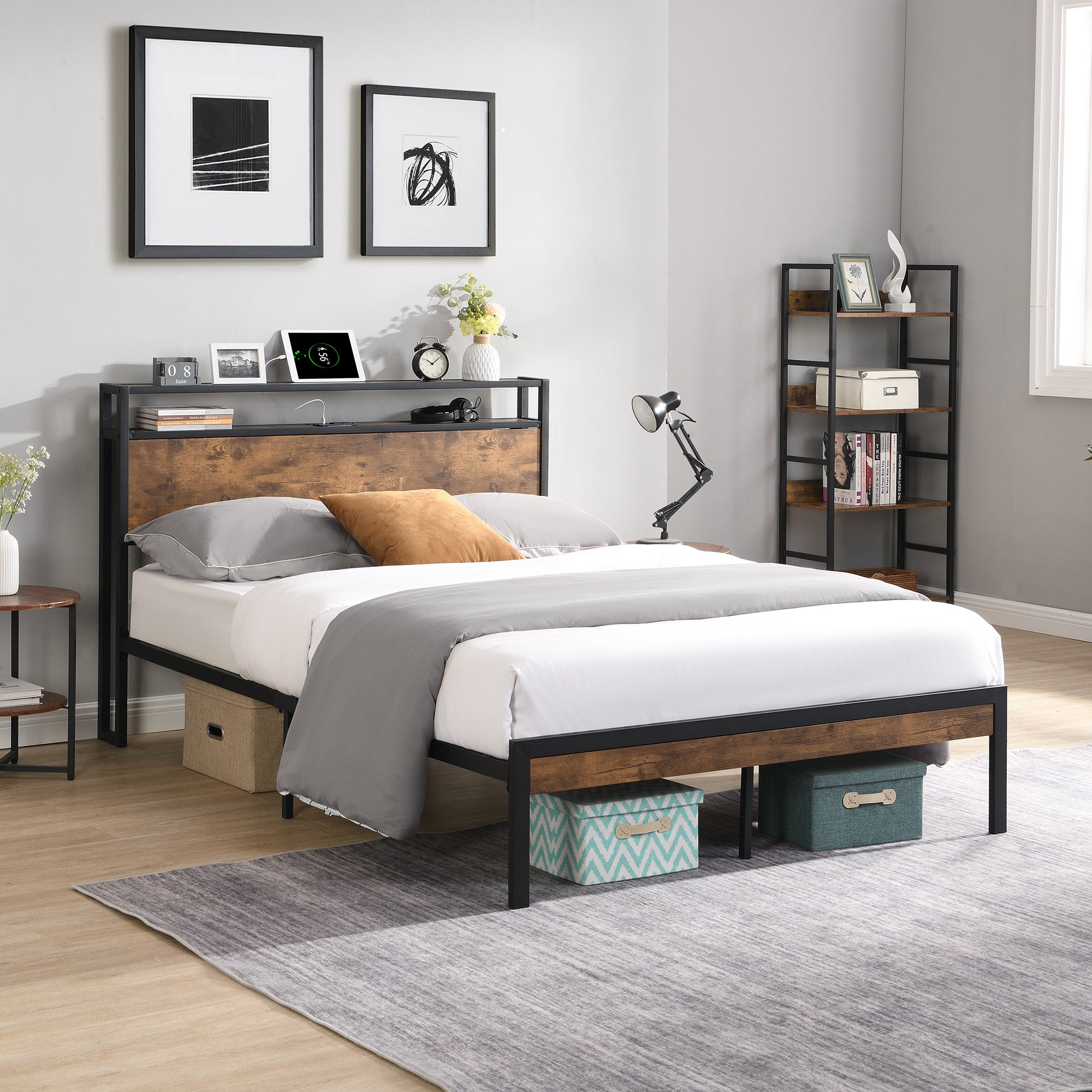 Modern Metal Platform Bed Frame with Wooden Headboard and Footboard, USB Liner, Queen Size, Black and Brown - Grand Goldman Shop