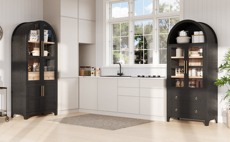 K&K 71' Tall Arched Kitchen Pantry Cabinet with Door Shelves, Farmhouse Kitchen Storage Cabinet with Open & Adjustable Shelves, Hidden Drawer & Glass Door, Cupboard for Kitchen, Dining Room, Black - Grand Goldman Shop