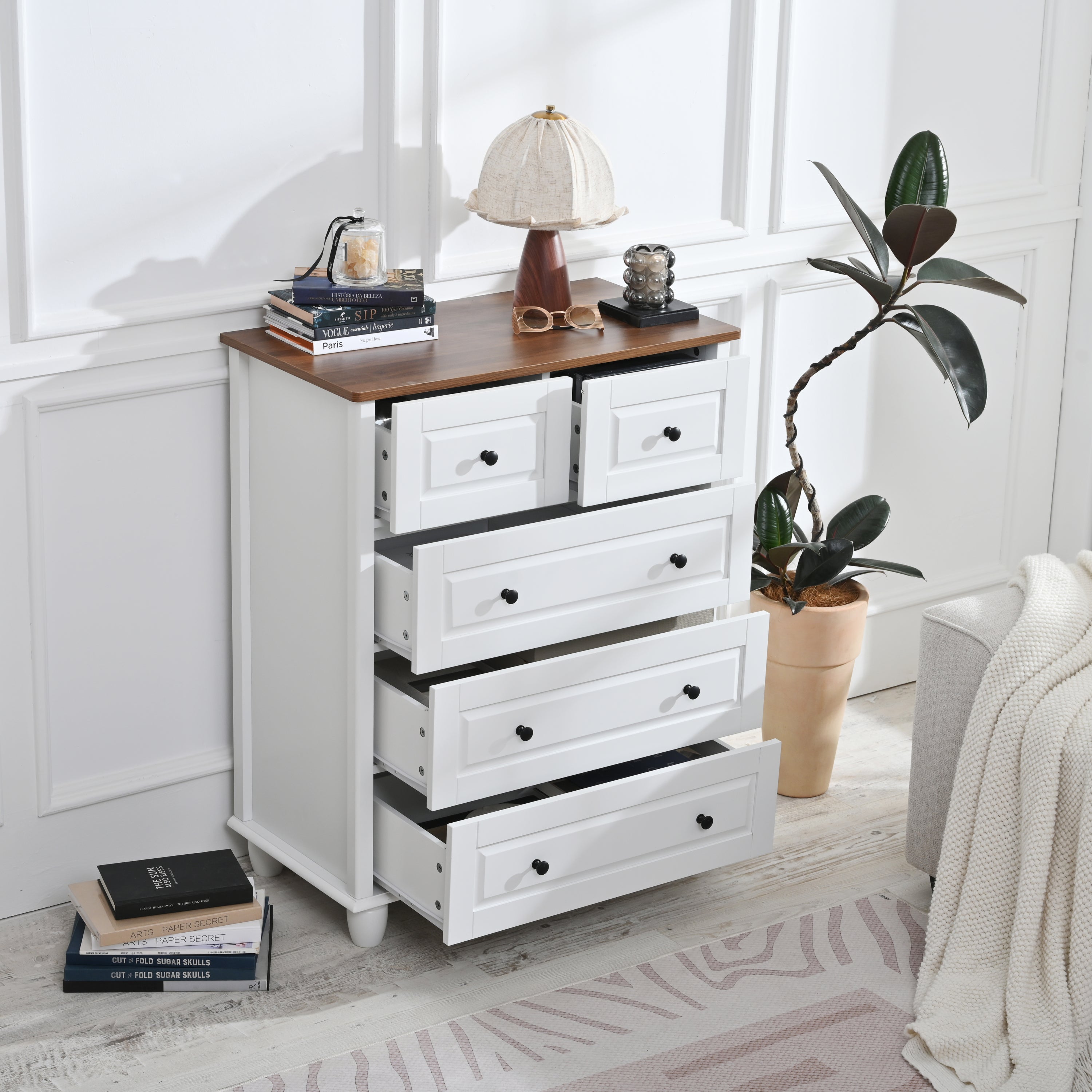White Dresser with 5 Drawers, Tall Chest of Drawers, 5 Drawer Dresser with Deep Space, Wood Storage Cabinet for Living Room, Hallway, Office, White - Grand Goldman Shop
